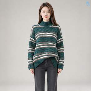 708090 여성용 하이넥 스트라이프 니트 스웨터
