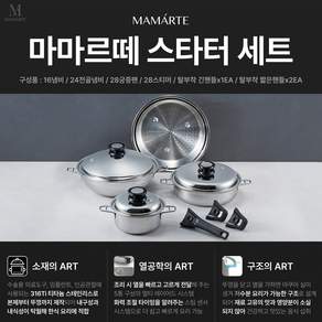 살림의 왕 [행사 마마르떼 스타터세트] 316Ti 스테인리스 프리미엄 쿡웨어 3종 (16냄비 24전골냄비 28궁중팬) + 28스티머 긴핸들x1ea 짧은핸들x2ea