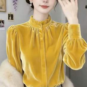 클라비아 여성 벨벳 슬림핏 프릴 하이넥 퍼프소매 셔링 프렌치룩 긴팔 블라우스