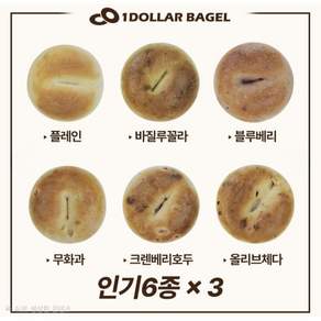 1달러 수제화덕베이글 총 18개 6종류 3개씩 플레인 크랜베리호두 블루베리 무화과 등