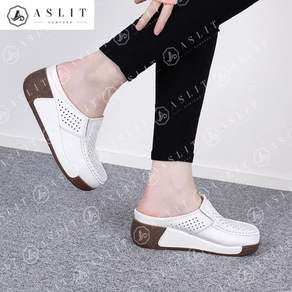천연 가죽 웨지 힐 발 편한 펀칭 슬리퍼 뮬