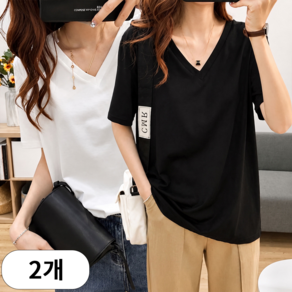 오스틱니 (완전 편한) 150kg까지 빅사이즈 1+1 여성 브이넥 솔리드 일자 티셔츠 반팔 여름 원단좋은 루즈핏 오버핏 날씬해보이는 심플 데일리 패션 기본티 미디티 면 박스티 티