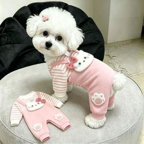 강아지 봄가을 올인원 사족옷 멜빵 스트라이프 긴팔 캐릭터 포켓 리본 반려견 애견옷