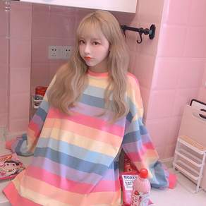 2023년 가을 겨울 무지개 줄무늬 긴팔 후드 없는 여성용 루즈핏 얇은 상의 아우터