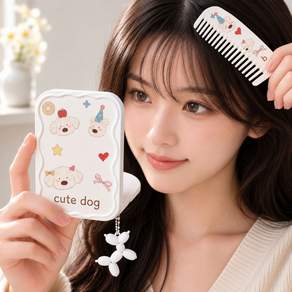 엘로브 귀여운 강아지 캐릭터 휴대용 미니 손거울 빗 세트