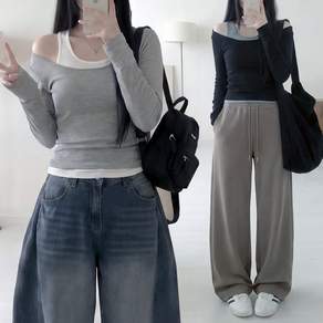 죠으디 더블 레이어드 핏보장 쫀쫀 여성 오프숄더 긴팔 티셔츠