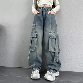 메이징키즈 주니어 여아 봄 가을 데님 청 빅포켓 댄스 와이드 카고 바지