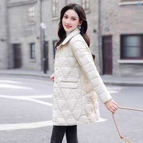 708090 여성용 칼라 다이아 퀼트 미디엄 롱 경량 면패딩 자켓