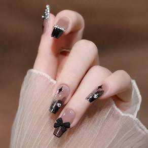 유니스뮬라 블랙 리본 네일팁 24PCS 시크 그라데이션 글리터 붙이는 네일팁 U252