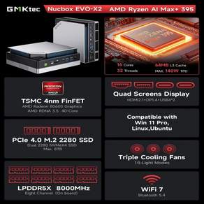 GMKtec EVO-X2 차세대 AMD Strix Halo AI 미니 PC Ryzen Max+ 395 LPDDR5X 128GB/64GB WIFI7 BT5.4 트리플
