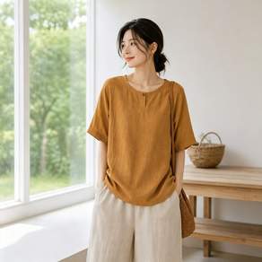 ZAJA 여름 반팔 블라우스 루즈핏 린넨 중년 여성 상의