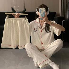 GOYES 여성 헬로키티 캐릭터 체크 홈웨어 쓰리피스 잠옷 반팔+반바지+긴바지