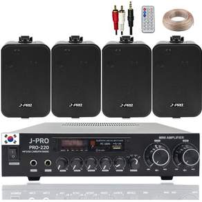 제이프로 220W 블루투스 매장용 카페 매장 업소용 벽걸이 미니 앰프 스피커 4개 세트+리모콘+PC선 1.5M+스피커케이블 40M