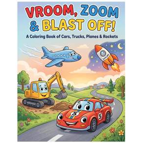 Vroom Zoom & Blast Off: A Coloring Book of Cars Trucks Airplanes and Rockets for Kids Ages 3+