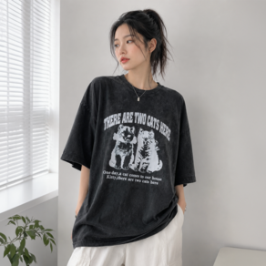데일로엔 여성 빈티지 워싱 고양이 프린팅 오버핏 반팔티