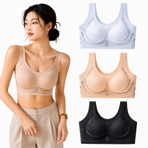 BUYU 여성 심리스 브라 노와이어 브라 풀컵 처짐방지 볼륨업 편안한 속옷 3종 세트