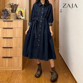ZAJA 여성 데님 롱원피스 허리스트랩 A라인 긴팔 셔츠원피스
