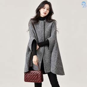 708090 여성용 체크 케이프 코트