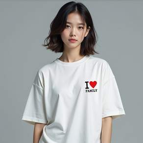 코튼터치 아이러브패밀리 왼가슴인쇄 가족티 오버핏 반팔 흰티