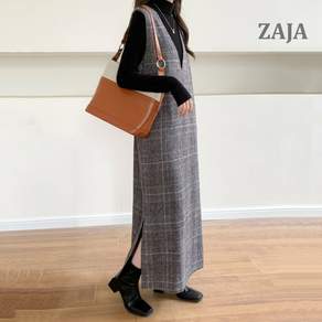 ZAJA 여성 체크 롱 원피스 브이넥 민소매 뷔스티에 레이어드 데일리 원피스