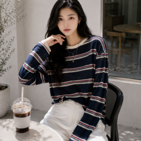 가치스토어 여성 스트라이프 긴팔티 루즈핏 단가라 라운드넥 간절기 데일리 이너 티셔츠