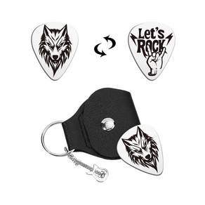 1개 양면 레이저 201 스테인리스 스틸 기타 피크 블랙 PU 가죽 기타 피크 홀더 포함 기타 액세서리 Wolf 28x35mm