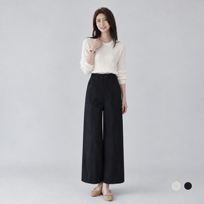 LUMANOKI 여성 반밴딩 와이드 팬츠 하이웨이스트 핀턱 루즈핏 통바지 봄가을 데일리 슬랙스