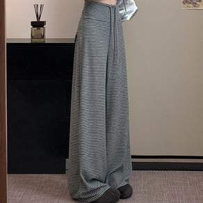 JLVJ 여성 가을 와이드 롱바지 여자 스트라이프 캐주얼 팬츠