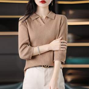 708090 여성 무지 골지 카라 7부 니트티