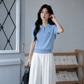 스타일닥터 여성 리본 폴로 니트 반팔 발레코어 슬림핏 여성 여름 티셔츠 데일리 슬림핏 여자 반팔