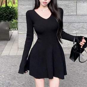 cammello 브이넥 슬림핏 골지 플레어 미니원피스 긴팔 A라인 드레스 하객룩