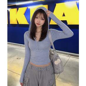 무아무아 브러쉬 스트라이프 후드 긴팔티 블루