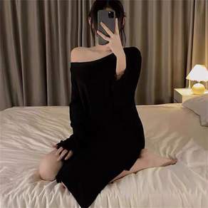 Vzela 여성 봄가을 섹시한 루즈핏 홈웨어 원피스 오프숄더 편안한 외출겸용 잠옷