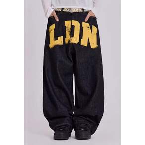 JADED LONDON 남녀공용 청 데님 프린팅 와이드 팬츠 바지 00141452332