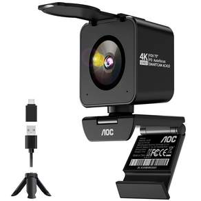 AOC 1200만 화소 4K 60FPS 웹캠 PDAF 자동 초점 색상 조절 내장 노이즈 감소 마이크