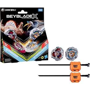 Beyblade X 쥬라기 월드 콜라보 스피노사우루스 대 케찰코아틀러스 멀티팩 세트 타카라 토미 탑 2개 발사기 2개 배틀 탑 게임 공룡 장난감 만 8세 이상