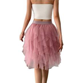 여성 Tulle 스커트 미디 롱 페어리 스커트 투투 a 라인 메쉬 레이어드 고탄력 허리 스커트 핑크 S