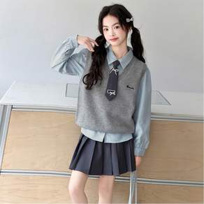 키즈목마 여아 쓰리피스 초중생 주니어 프레피 스쿨룩 스트라이프 셔츠 니트조끼 플리츠 스커트 3종세트 A983