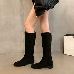 AOKADA여성 가을 겨울 청키힐 주름 스웨이드 롱 부츠 발편한 웨스턴 부츠