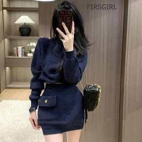 FIRSGIRL 여성 니트 투피스 미니스커트 상하의 세트 골지 긴팔 가을겨울
