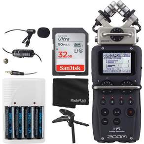 Zoom H5 4입력4트랙 휴대용 핸디 레코더 교체 가능한 XY 마이크 + 32GB 메모리 카드 라발리에 콘덴서 AA 배터리 및 충전기 4개 테이블탑 삼각대핸들 그립