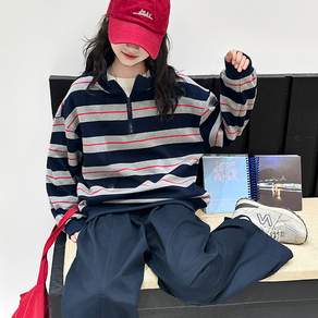 비비키드 여아 봄 가을 초등생 스트라이프 반집업 긴팔 상의 초중생 하의 긴바지 주니어 세트 초등생 상하복 세트 (77732)