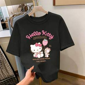 FONOW 반팔티셔츠 해피 캐릭터 고양이 여성티셔츠 오버핏 남성티셔츠 여름 반팔면티