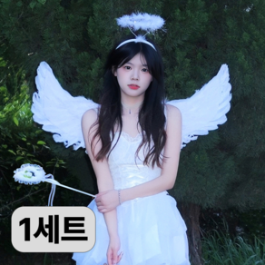 천사 코스튬 날개 머리띠 요술봉 세트, 1개, 화이트