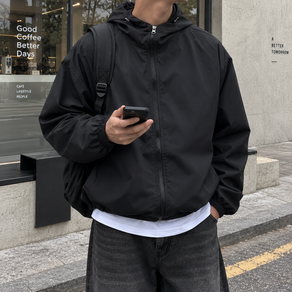 [룩미보이] 남자 후드 오버핏 베이직 경량 나일론 바람막이