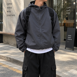 [룩미보이] 남자 후드 오버핏 베이직 경량 나일론 바람막이