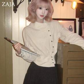 ZAJA 여성 가을 블라우스 스트라이프 긴팔 카라 허리라인 셔츠