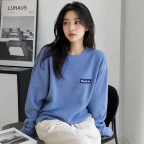 데일로엔 여성 와플 레터링 오버핏 캐주얼 라운드 긴팔 티셔츠