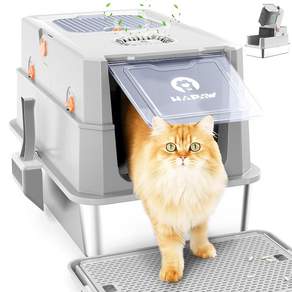 HAPAW 스테인리스 스틸 뚜껑 있는 고양이 화장실 누수 방지 밀폐형 금속 스쿱과 페달이 플립탑 대형 무취