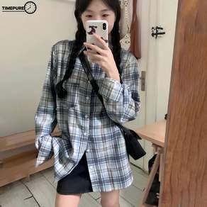 TIMEPURE 남녀 공용 오버핏 체크 셔츠 데일리 셔츠 코디 오버사이즈 긴팔 셔츠 실루엣 편안함 캐주얼 룩 통근 데이트 소프트 텍스처 릴랙스 핏 셔츠